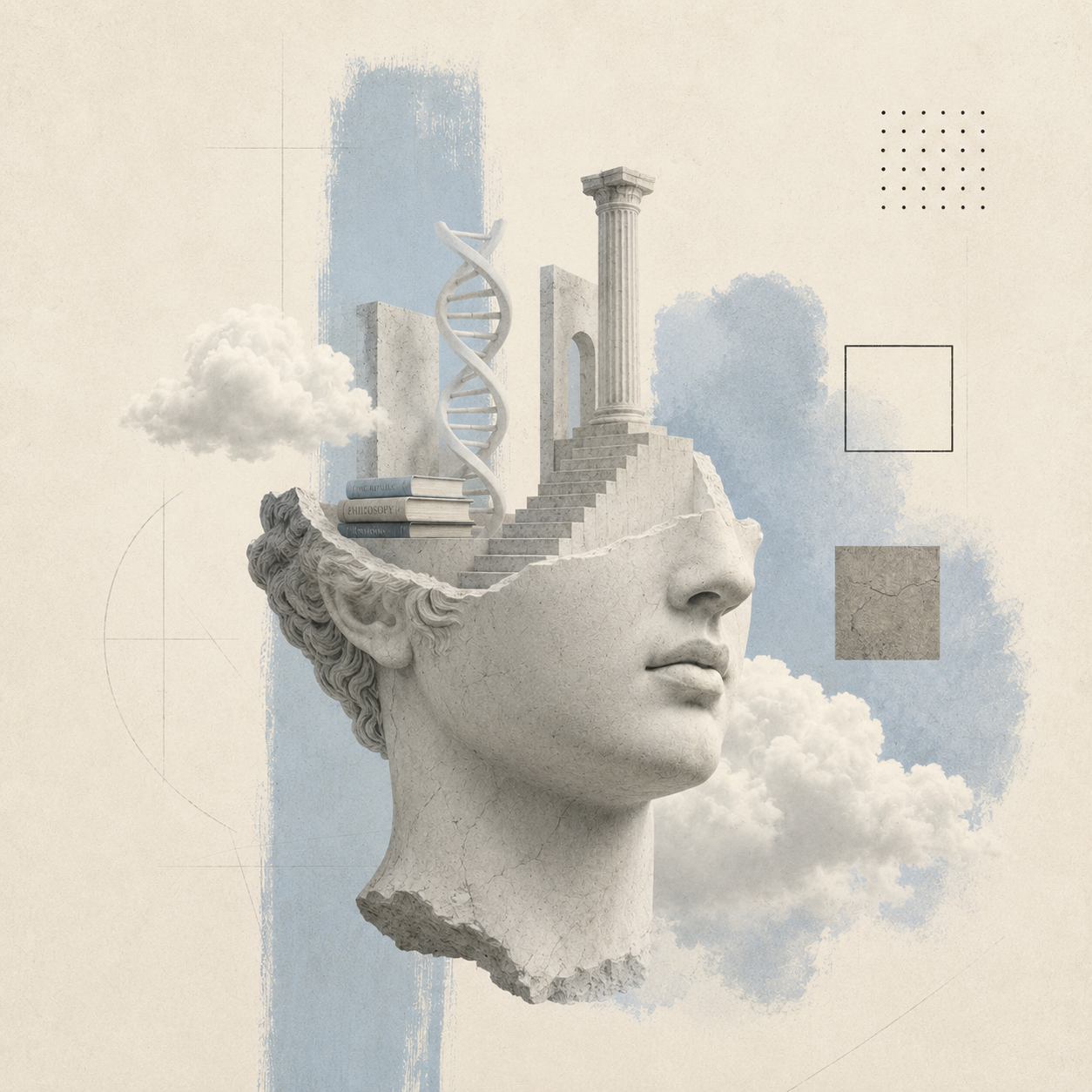 Case Helix editorial collage with classical bust, olive tree, columns, DNA helix, and books